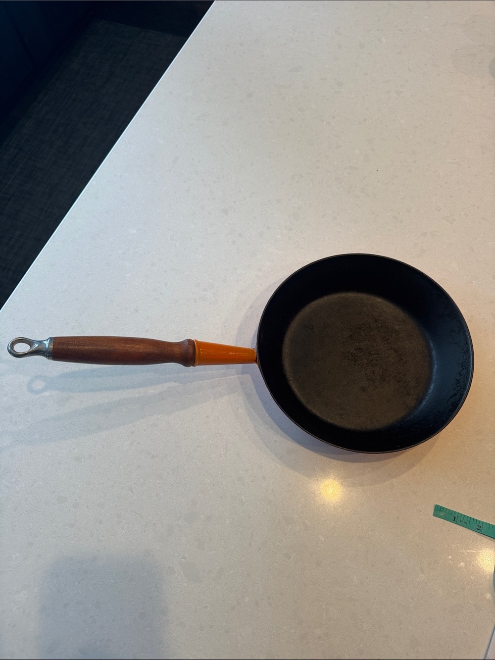 Le Creuset #24 Black Skillet with flame orange Accents and Wooden Handle vintage